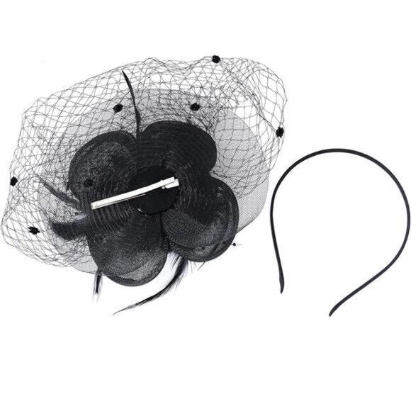 Women's Fascinators Hats with Veil Headwear Black - Picture 4 of 7